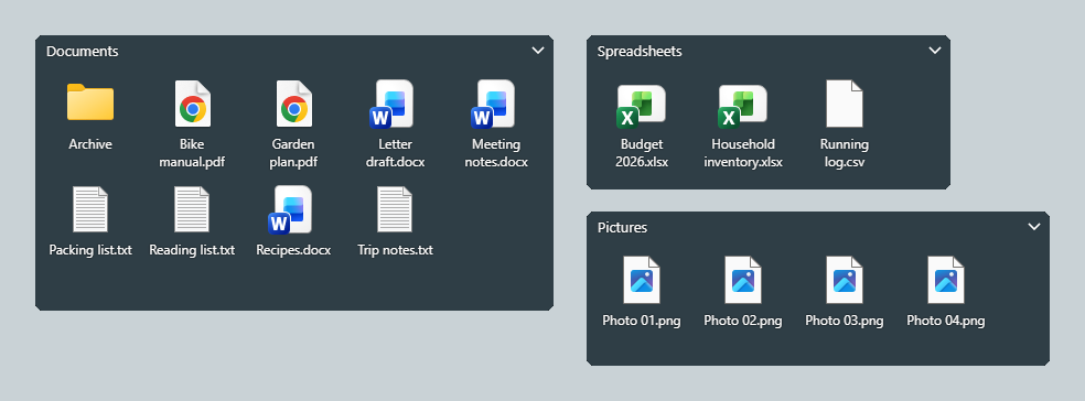 Three dark zones on a desktop. Documents shows a folder of nine items, including Archive, Garden plan.pdf and Trip notes.txt. Spreadsheets holds two .xlsx files and a .csv file. Pictures holds four photos.