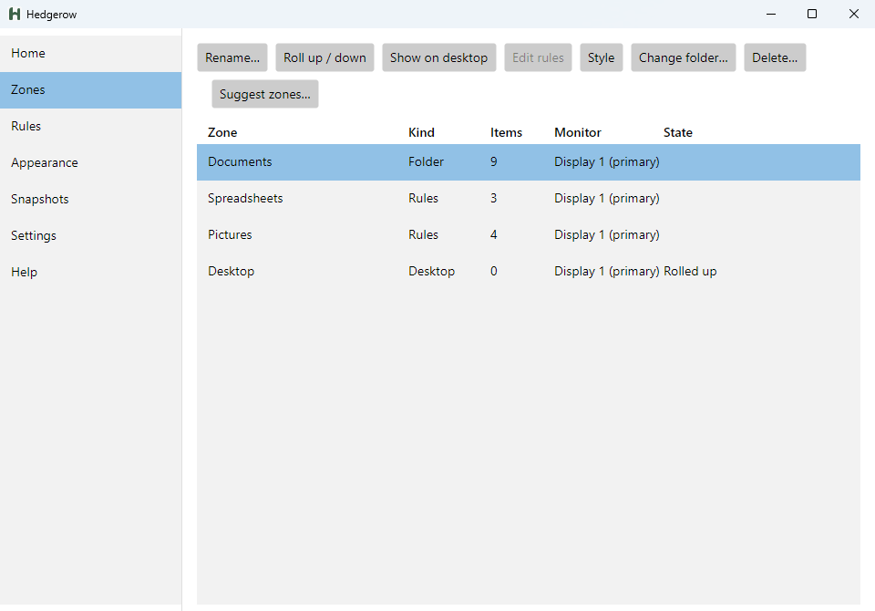 The Hedgerow window on its Zones page, listing the Documents, Spreadsheets, Pictures and Desktop zones with each one's kind, item count, monitor and state, and buttons to rename, roll up, restyle or delete a zone.